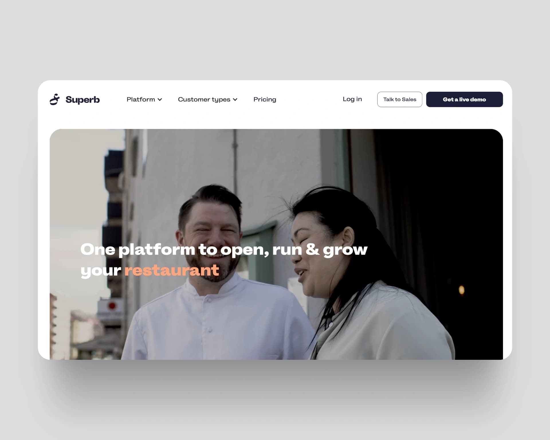 Superb platform showing a modern interface for managing restaurant reservations, guest insights, and POS systems with a sleek design